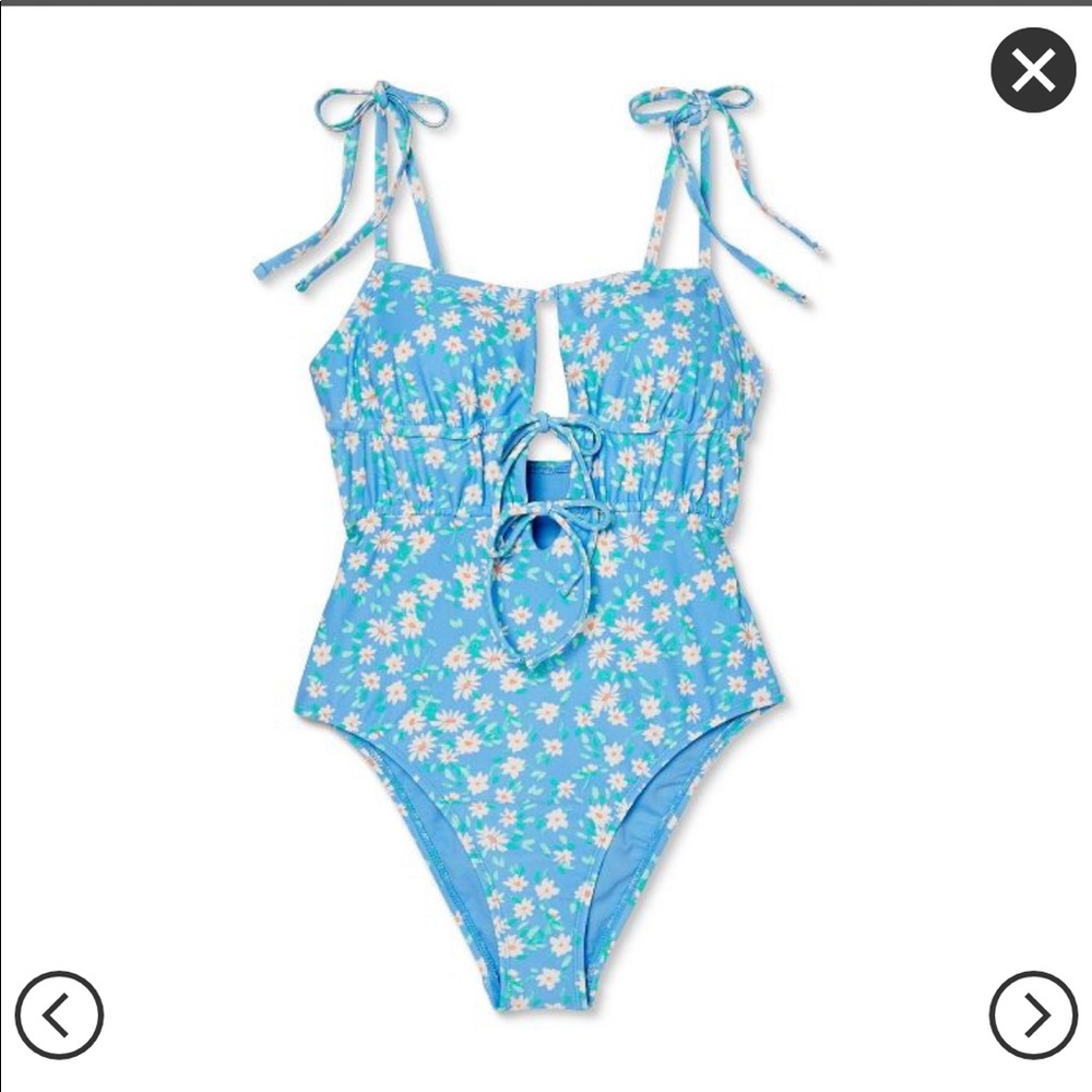 Cinch Front Blue white floral one piece swimsuit S